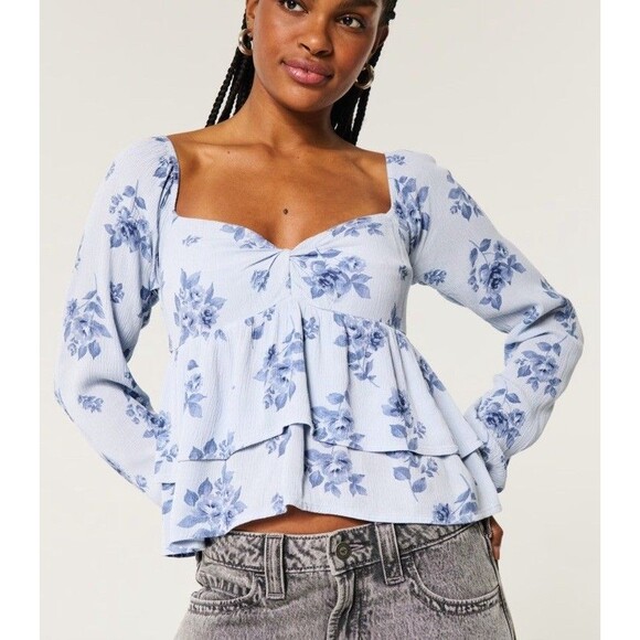 New Hollister Easy Twist Babydoll Top Blue Floral Long Sleeve Ruffle NWT Small - Picture 1 of 7